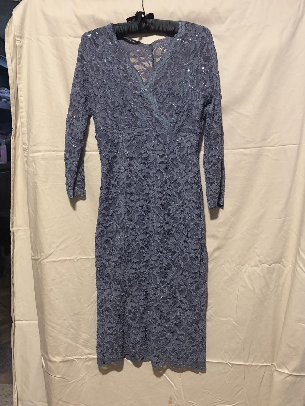 MARINA Slate Blue Lace Asymmetrical V-Neck Dress